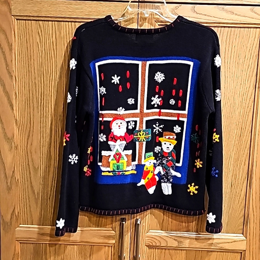 Women's M Vintage Ugly Christmas Sweater Cardigan snowflakes Santa
